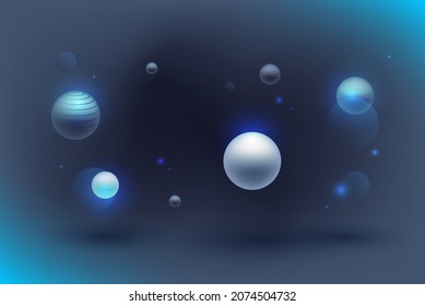 Dark vector design with flying dark and light bubbles and stars on the blurred blue background