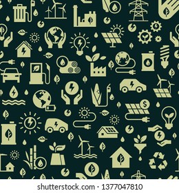 Dark Vector design with seamless ecology pattern and green energy concept in trendy flat style. Seamless pattern with vectors eco icons. Ecology, nature, energy, environment, recycling icons.