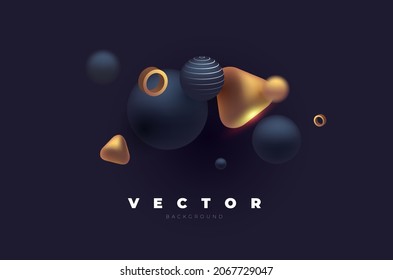 Dark vector elegant template with black balls and volumetric smooth golden shapes 