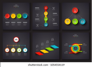 Dark vector elements for infographic. Template for diagram, graph, presentation and chart. Business concept with 3, 4 and 5 options, parts, steps or processes. Data visualization.