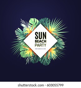 Dark vector floral banner template for summer beach party. Tropical flyer with green exotic plants and red flowers.