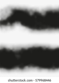 Dark vector halftone wavy shapes. Modern trendy generative illustration. Rough monochrome splash of round particles. Background artwork made of splattered dots. Elements of design.