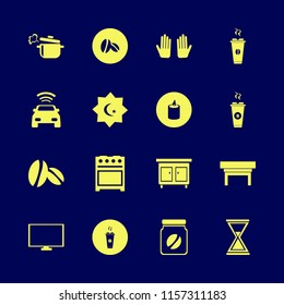 dark vector icons set. with hourglass, hot coffee, boiled pan and coffee jar in set