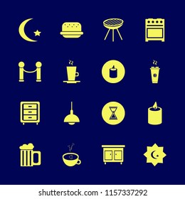dark vector icons set. with hourglass, hot coffee, burger and latte cup in set
