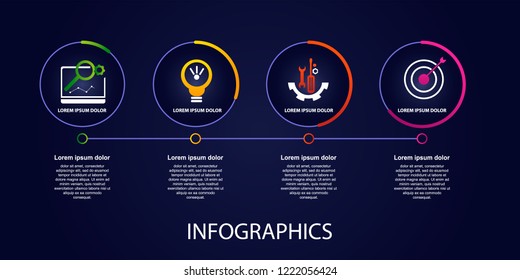 Dark vector illustration 3D. Infographic template with four elements, circles, text and icons. Timeline step by step. Designed for business, presentations, web design, diagrams, training with 4 steps.