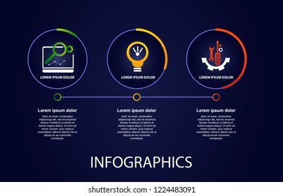 Dark vector illustration 3D. Infographic template with thee elements, circles, text and icons. Timeline step by step. Designed for business, presentations, web design, diagrams, training with 3 steps.