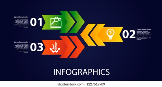 Dark vector illustration 3D. Infographic template with three elements, arrows, text and icons. Timeline step by step. Designed for business, presentations, web design, diagrams, training with 3 steps.