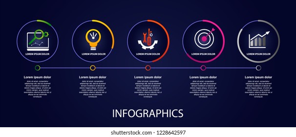 Dark vector illustration 3D. Infographic template with five elements, circles, text and icons. Timeline step by step. Designed for business, presentations, web design, diagrams, training with 5 steps.