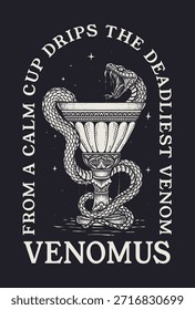 A dark vector illustration in an engraving style shows a snake coiled around a chalice.