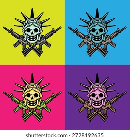 Ilustración vectorial oscura con un cráneo de cabeza de libertad en estilo jolly roger combinado con una pistola. Este diseño simboliza la rebeldía, la libertad y la resistencia, perfecto para prendas de vestir, carteles y Diseños gráficos vanguardistas.