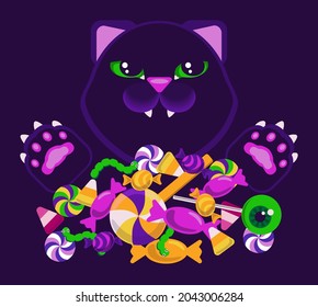 Dark vector illustration for Halloween with a cat and a set of sweets, lollipops, caramel.Suitable for textiles, wrapping paper, tissue, background, souvenirs, printing on fabric. 