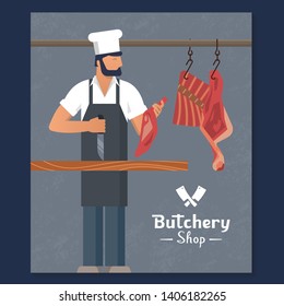 Dark vector illustration logo for a butchers shop with a bearded butchers at work with a book and a knife in his hands and meat in the background. With space for text.