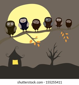 Dark vector illustration. Night landscape with cute owls on the branch, full moon and small house. Can be used as halloween postcard or poster.