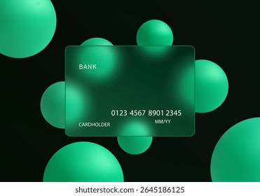 Dark vector illustration of a transparent glassmorphism credit card surrounded by floating emerald green glowing spheres on a deep background.