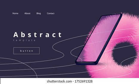 dark vector layout for a landing page with a mobile phone and a pink fluffy circle on the background