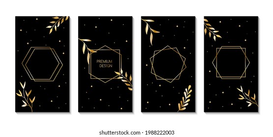Dark vector luxury backgrounds for social media stories with golden frames and leaves. Premium design templates for online store blogs