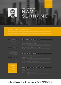 Dark Vector Minimalist Black, White And Yellow Cv / Resume Template Design With Profile And Header Photo