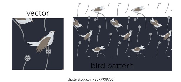 Dark vector pattern of garden birds sitting on a branch. Vintage romantic nature in Scandinavian style, hand drawn. Aesthetic background for wallpaper, fabric, bed linen, decor.