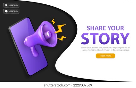 Dark vector promotion banner with purple shouting megaphone inside smartphone and text - share your story. Editable template of landing page with loudspeaker and client communication text