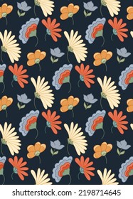 Dark vector seamless pattern with groovy flowers and stems on blue background. Flower power wallpaper. Retro hippie floral background. Nature texture for fabric and wrapping paper.
