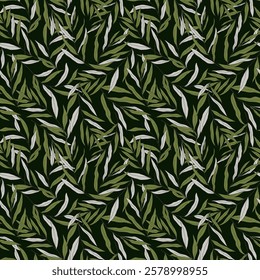 dark vector seamless pattern with leaves and branches in tropical style, design for fabric, print, packaging.