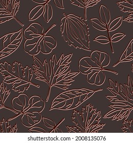Dark vector seamless pattern with light coloured contour leaves on dark background. Double lines. Vector.