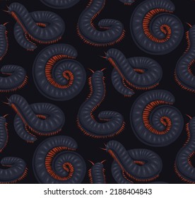 Dark vector seamless pattern with scary centipedes on gray background. Texture with cartoon julida. Gloomy fabric with millipede insect. Wallpaper with insect with a chitinous shell.