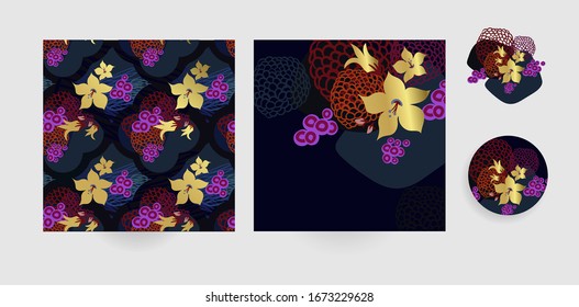 dark vector set floral blooming card minimalistic square