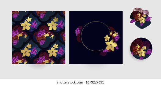 dark vector set floral blooming card minimalistic square