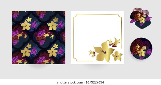 dunkle Vektorillustration Set Blumenkarte minimalistisches Quadrat