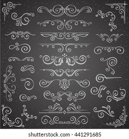 Dark Vector set of Swirl Elements for Frame Design. Vector Calligraphic Design Elements for page decoration, Labels, banners, antique and baroque Frames and floral ornaments. Wedding Decoration