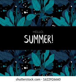 Dark vector summer design with exotic palm leaves and space for text. Card template, banner of flyer background. Tropical backdrop illustration.