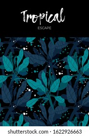 Dark vector summer design with exotic palm leaves and space for text. Card template, banner of flyer background. Tropical backdrop illustration.