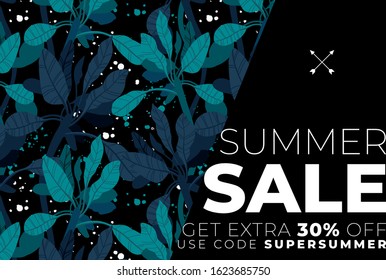 Dark vector summer design with exotic palm leaves and space for text. Sale offer template, banner of flyer background. Tropical backdrop illustration.