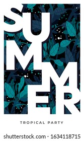 Dark vector summer design with exotic palm leaves and space for text. Party flyer or banner template. Tropical background illustration.
