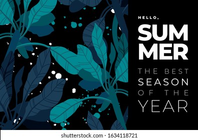 Dark vector summer design with exotic palm leaves and space for text. Card template, banner of flyer background. Tropical backdrop illustration.
