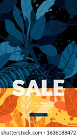 Dark vector summer design with exotic palm leaves and space for text. Sale offer template, banner of flyer background. Tropical backdrop illustration.