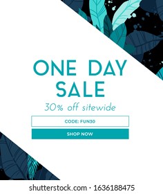 Dark vector summer design with exotic palm leaves and space for text. Sale offer template, banner of flyer background. Tropical backdrop illustration.