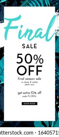 Dark vector summer design with exotic palm leaves and space for text. Sale offer template, banner of flyer background. Tropical backdrop illustration.