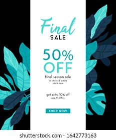 Dark vector summer design with exotic palm leaves and space for text. Sale offer template, banner of flyer background. Tropical backdrop illustration.