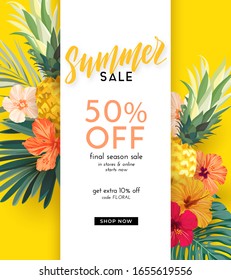 Diseño vectorial oscuro de verano con hojas exóticas de palma, flores de hibisco, piñas y espacio para el texto. Plantilla de oferta de venta, banner de fondo de volante. Ilustración de fondo tropical.