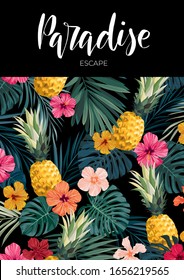 Dark vector summer design with exotic palm leaves, hibiscus flowers, pineapples and space for text. Card template, banner of flyer background. Tropical backdrop illustration.