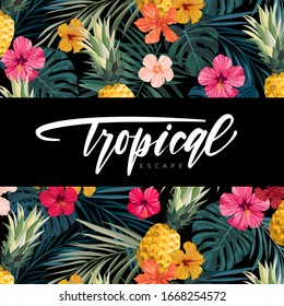 Dunkle Vektorillustration Sommerdesign mit exotischen Palmenblättern, Hibiskusblumen, Ananas und Platz für Text. Kartenvorlage, Banner auf flyer-Hintergrund. Tropische Hintergrundgrafik.