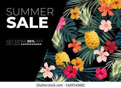 Dark vector summer design with exotic palm leaves, hibiscus flowers, pineapples and space for text. Sale offer template, banner of flyer background. Tropical backdrop illustration.