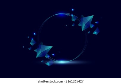 plantilla de vector oscuro para banner con cristales y círculos azul volador y chispeante sobre el fondo negro