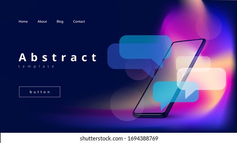 dark vector template for a landing with a phone and flashes of light on the background