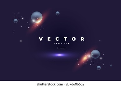 Dark vector template with stars and planet and brilliance on the black background