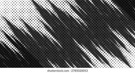 Dark vector torn monochrome halftone background. Scrathed dotted texture element. art