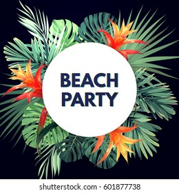 Dark vector tropical background with green plants and guzmania flowers. Exotic summer party flyer design.