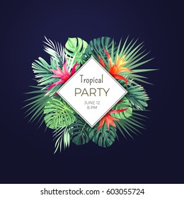 Dark vector tropical background with green palm leaves and guzmania flowers. Exotic summer party flyer design.